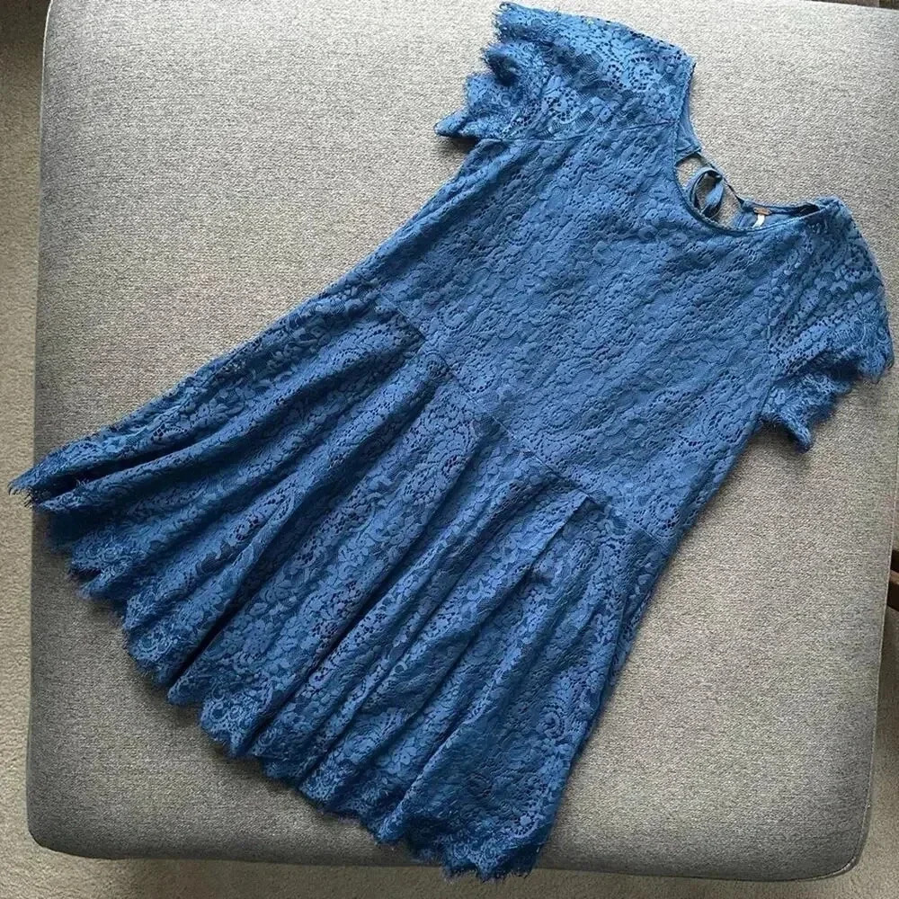 Free People Blue Stardust Lace Short Sleeve Mini Dress XS